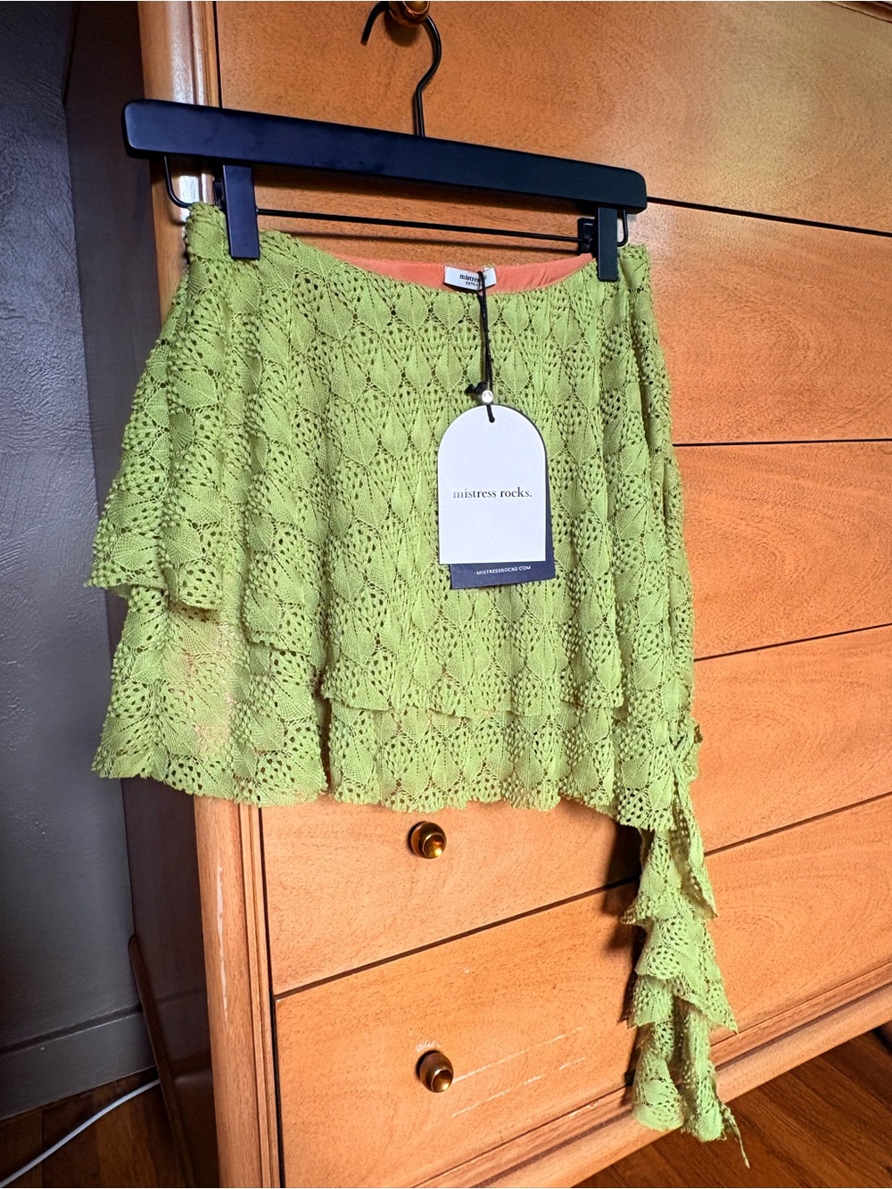 Mistress Rocks | w/tags Olive Green Crochet Asymmetric Mini Skirt